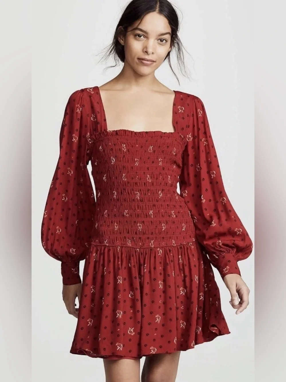 Free People Burgundy Floral Smocked Long-Sleeve Mini Dressy